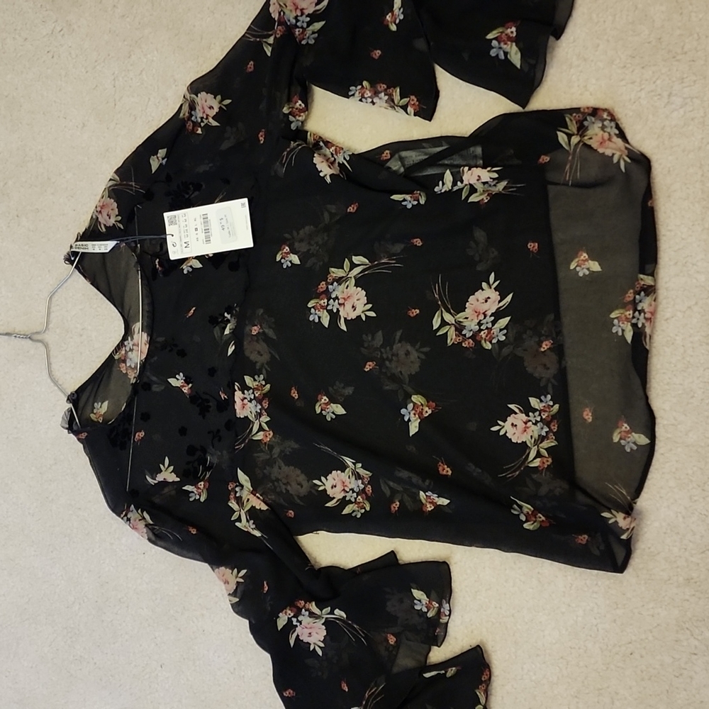 Zara - Floral Print Blouse with Ruffled Sleeves